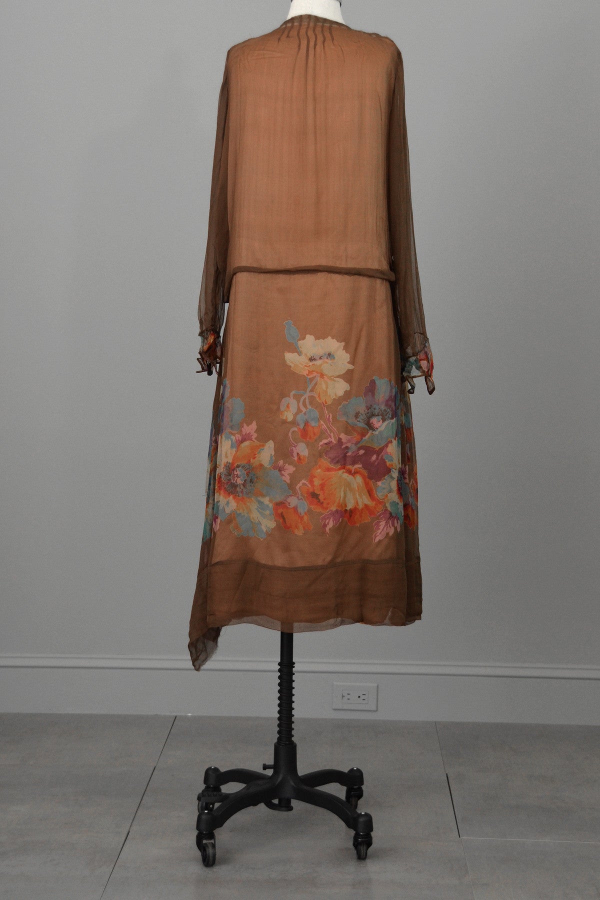 1920s Mocha Chiffon and Lace Vintage Flapper Dress with Vibrant Floral Print