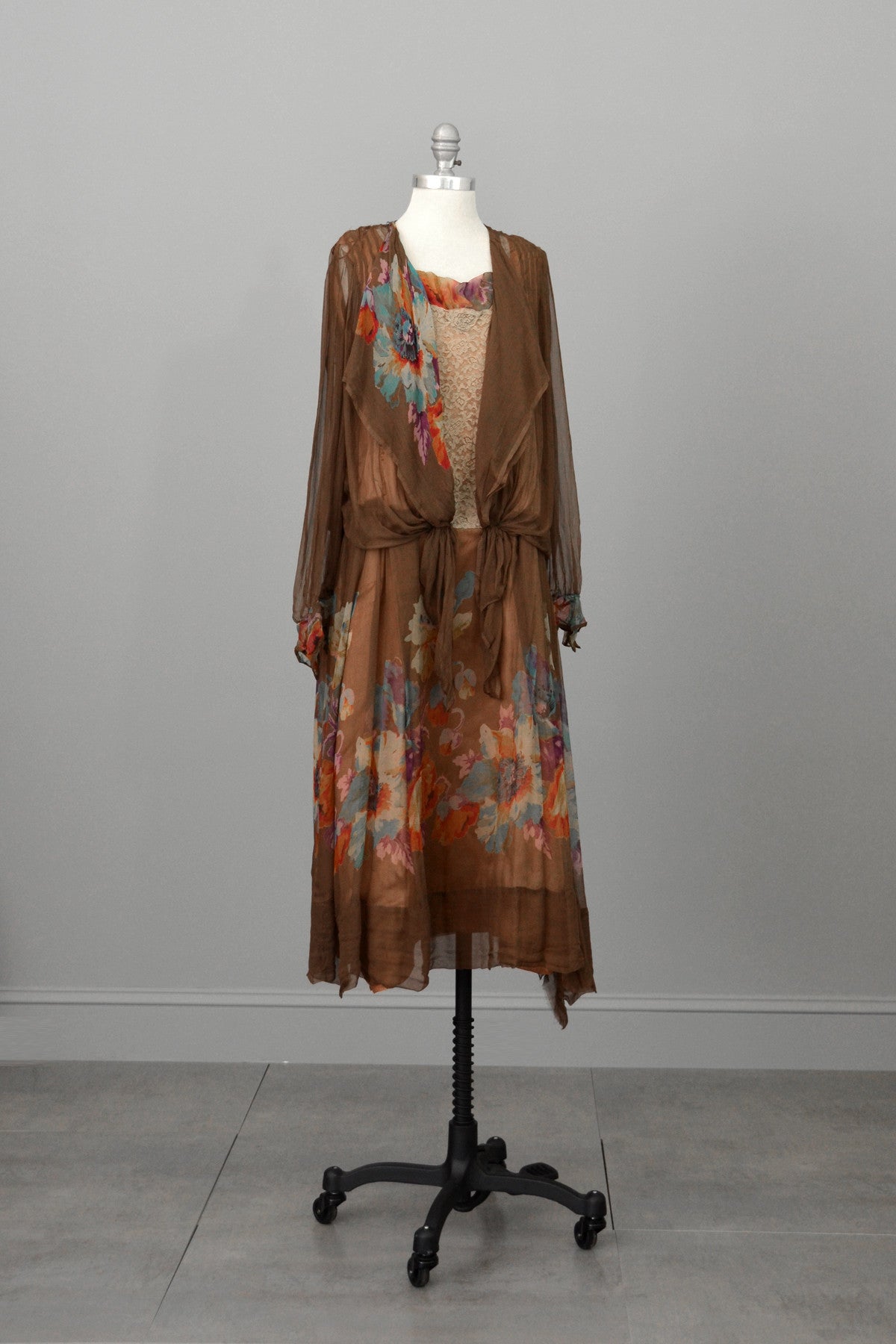 1920s Mocha Chiffon and Lace Vintage Flapper Dress with Vibrant Floral | VintageVirtuosa 1920s Mocha Chiffon and Lace Vintage Flapper Dress with Vibrant Floral | VintageVirtuosa
