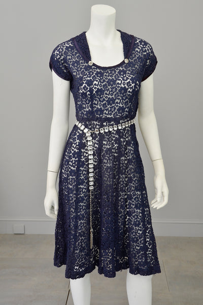 1940s Navy Blue Embroidered Lace Dress