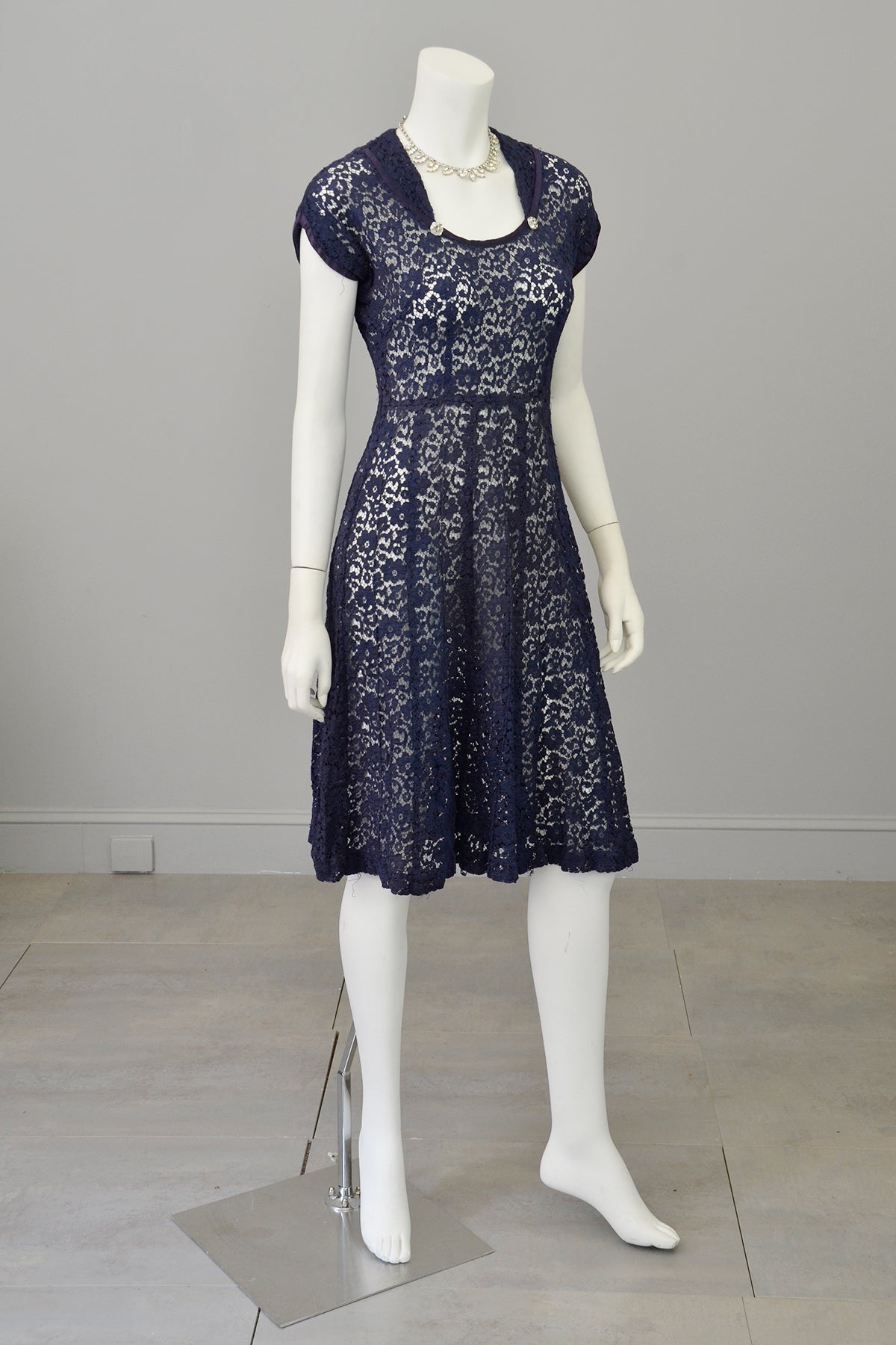 1940s Navy Blue Embroidered Lace Dress