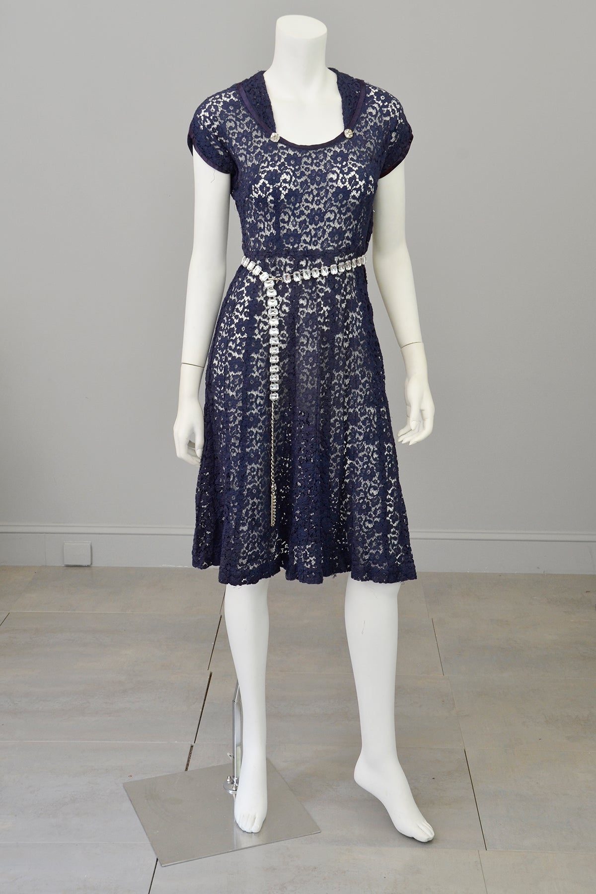1940s Navy Blue Embroidered Lace Dress