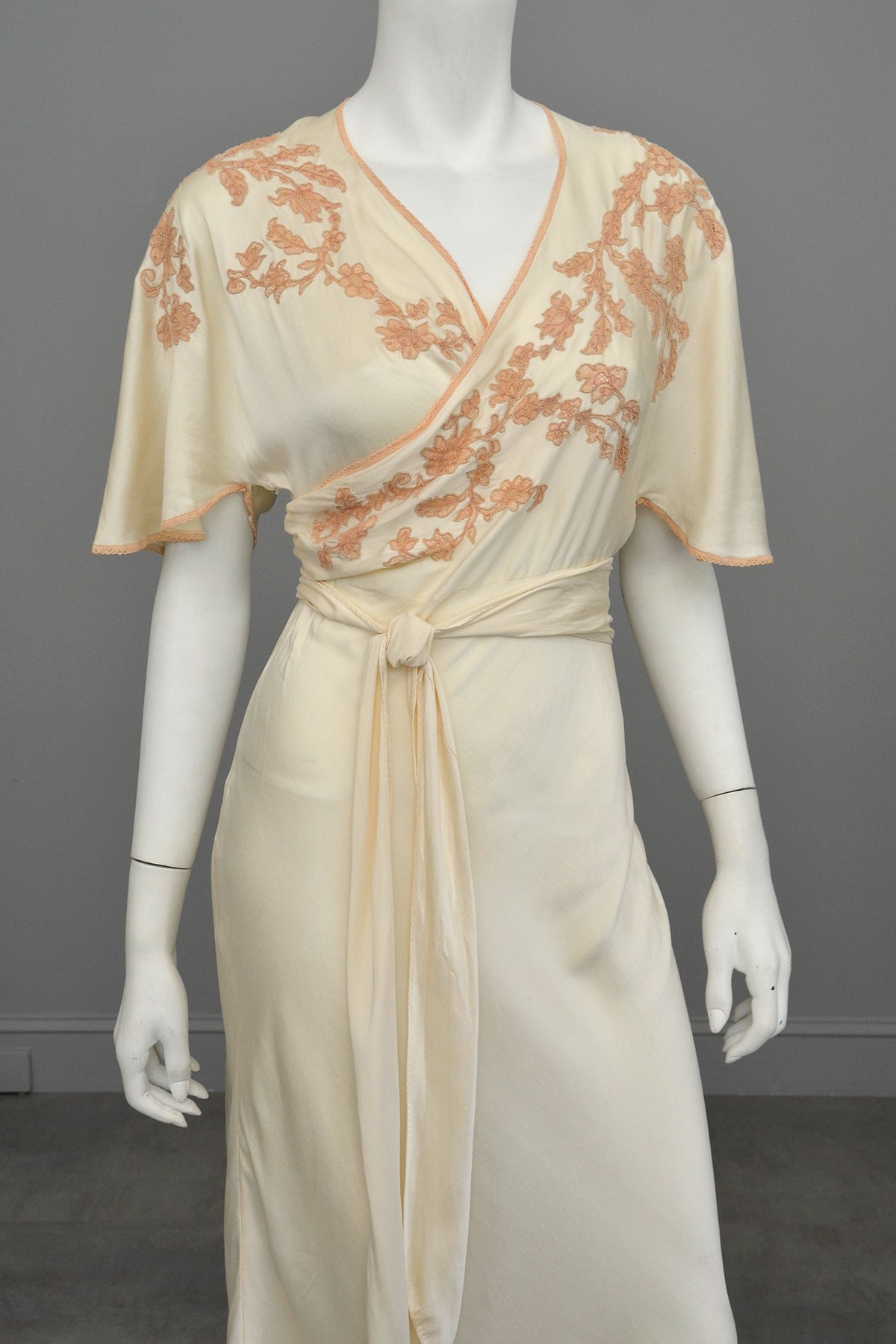 1930s Silk Embroidered Wrap Nightgown Dress w Kimono Style Flutter Sleeves