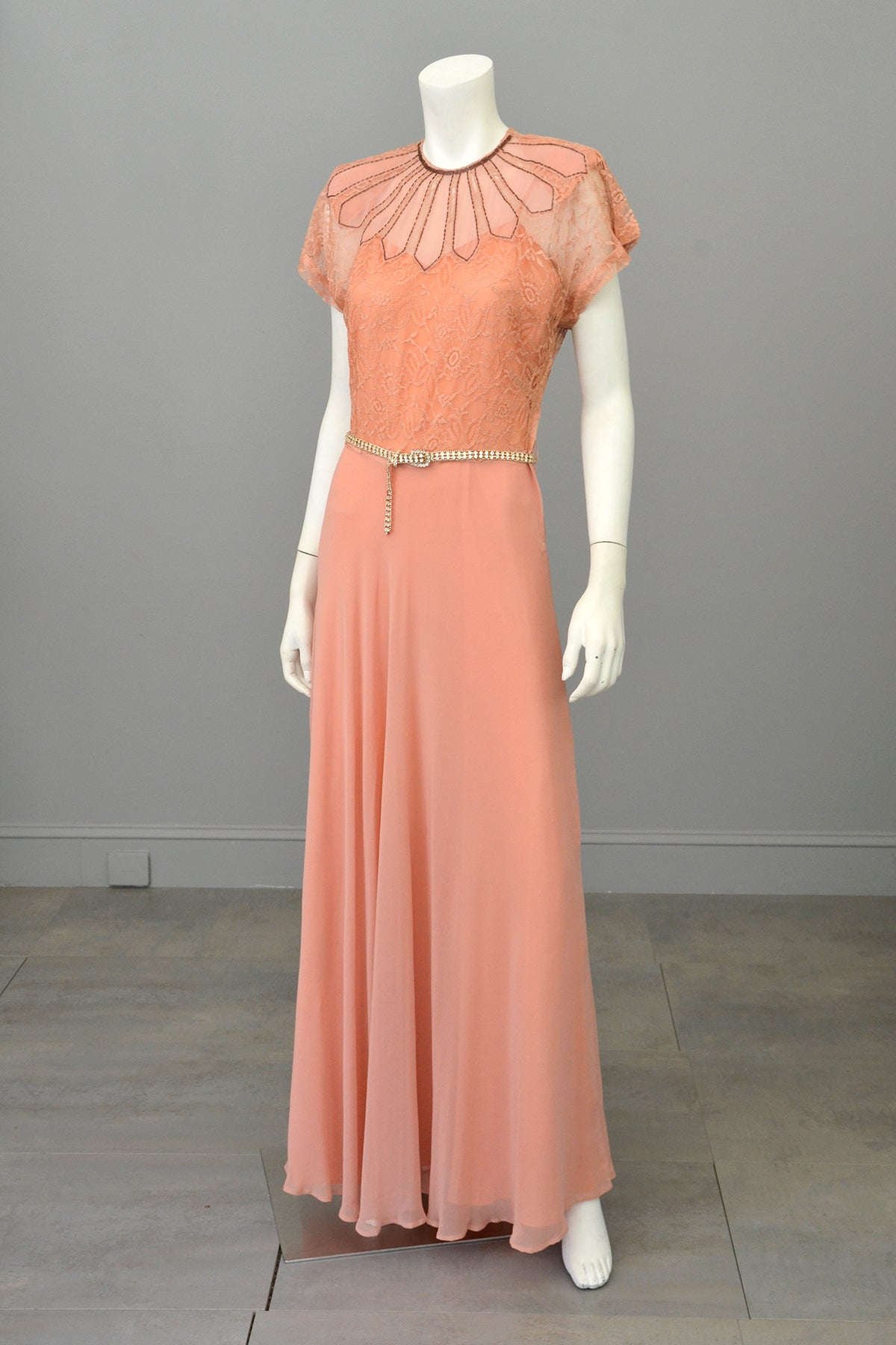 1930s Peach Art Deco Beaded Lace Gown