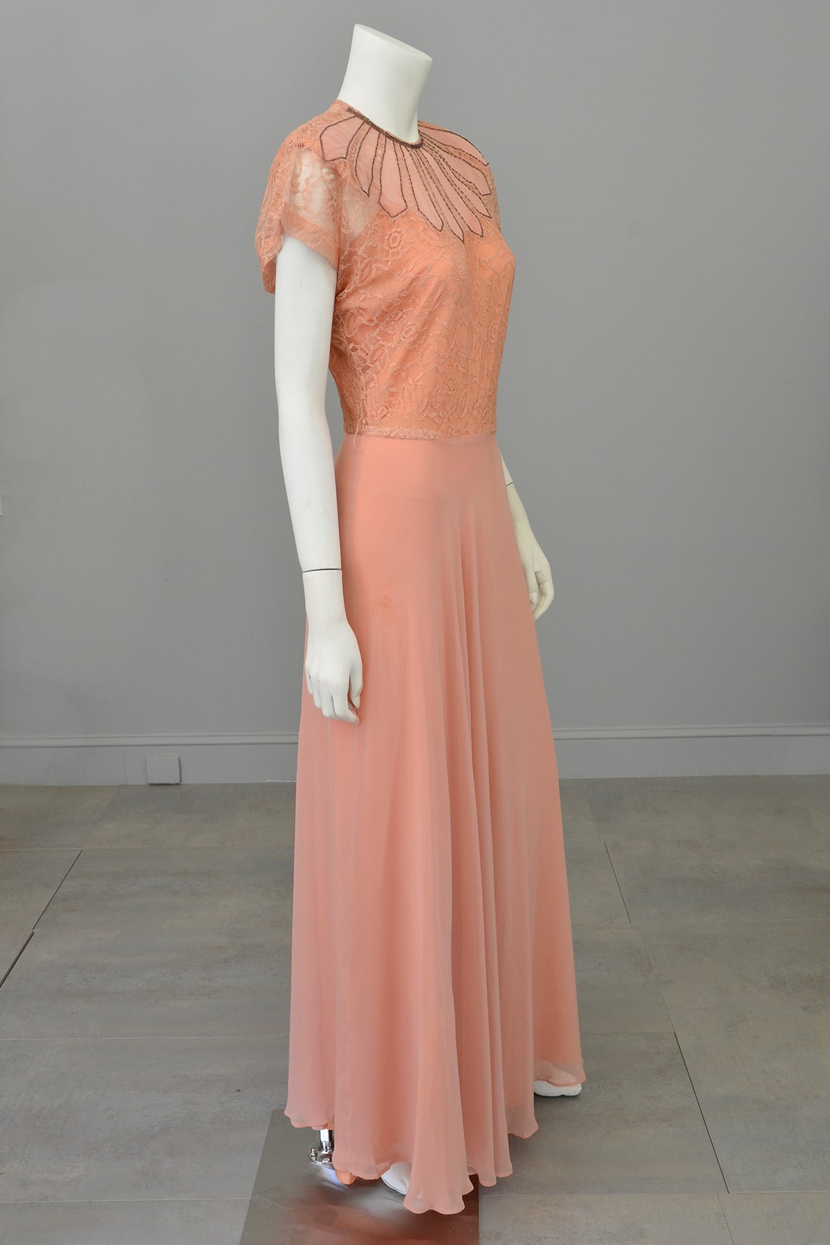 1930s Peach Art Deco Beaded Lace Gown