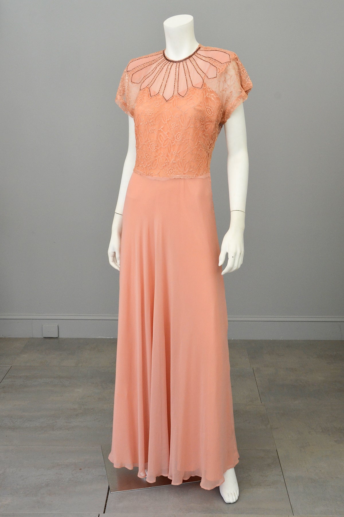 1930s Peach Art Deco Beaded Lace Gown | VintageVirtuosa 1930s Peach Art Deco Beaded Lace Gown | VintageVirtuosa