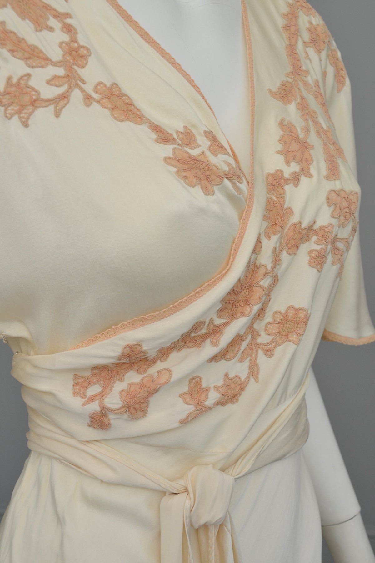 1930s Silk Embroidered Wrap Nightgown Dress w Kimono Style Flutter Sleeves