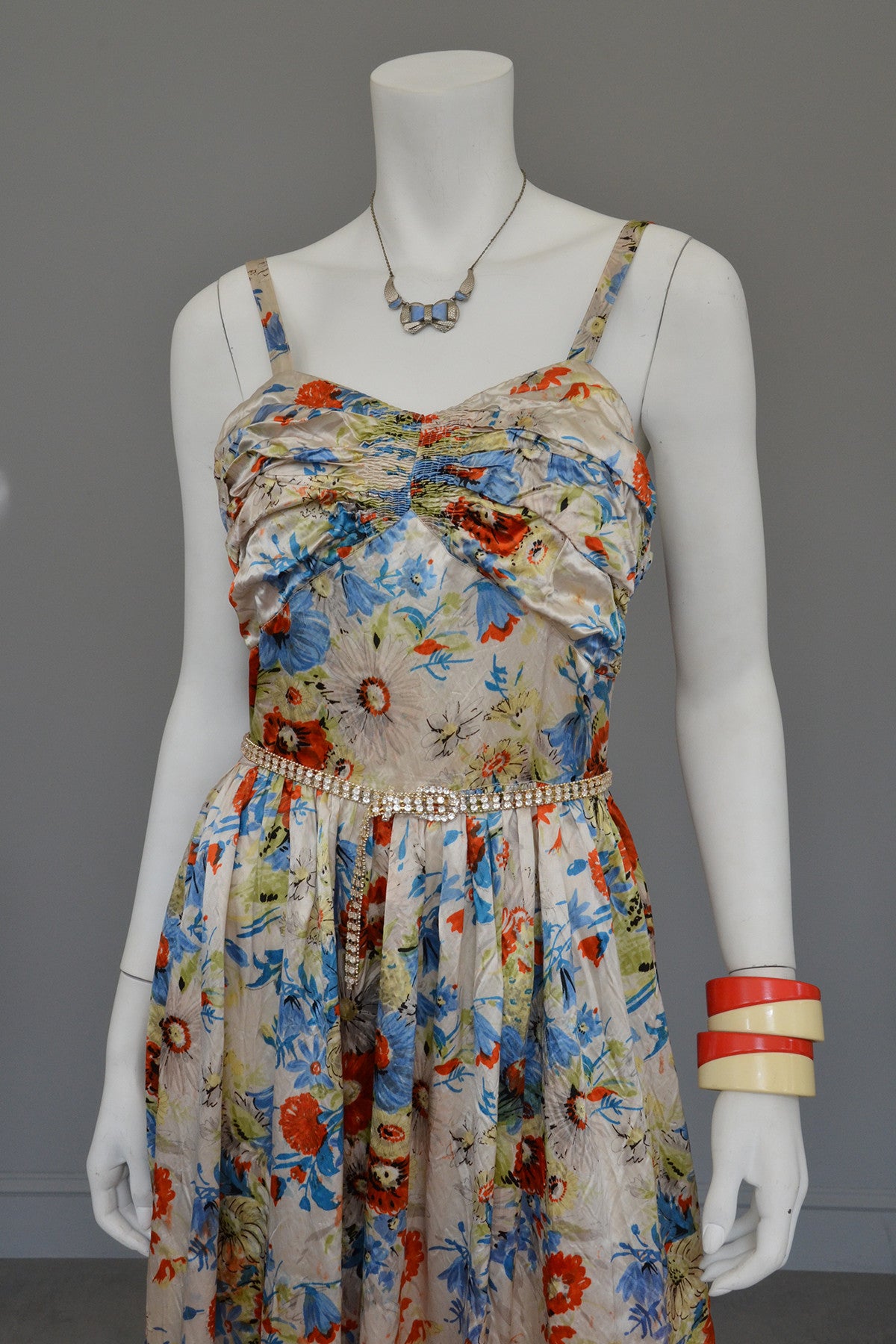 Vintage 1930s Floral Satin Gathered Bust Evening Gown Vintage 1930s Floral Satin Gathered Bust Evening Gown