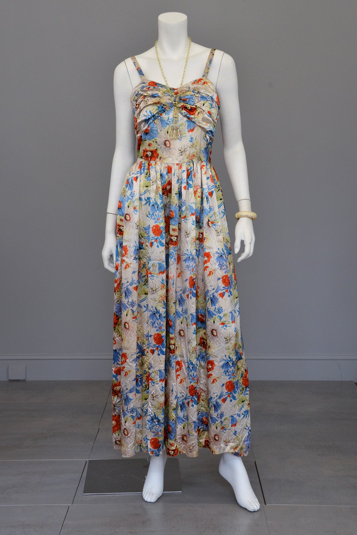 Vintage 1930s Floral Satin Gathered Bust Evening Gown