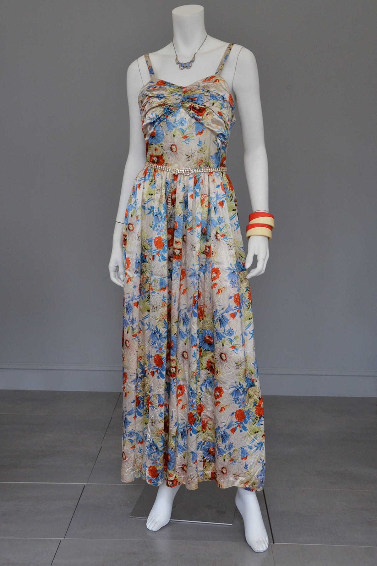 Vintage 1930s Floral Satin Gathered Bust Evening Gown