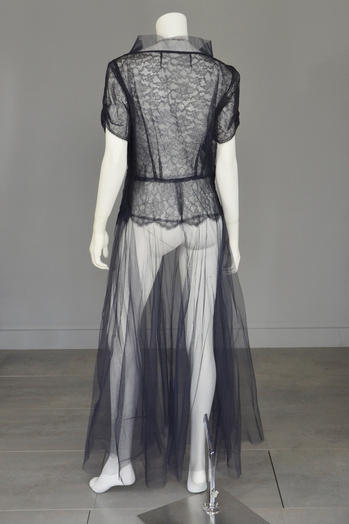 1930s Navy Blue Tulle Lace Vintage Gown