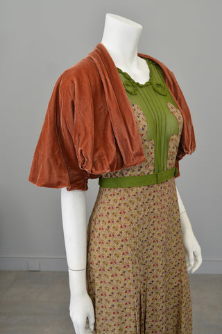 1930s Novelty Print Olive Green Chiffon Appliqué Dress