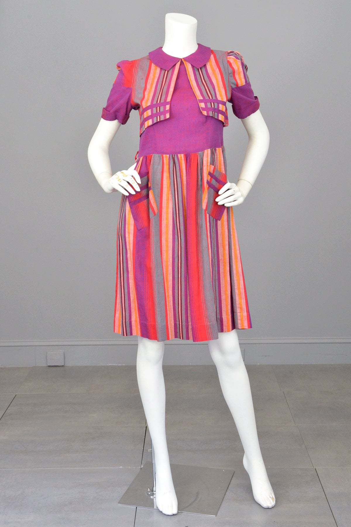 pink and purple striped dress 1930s 1940s Purple Red Carnival Striped Dress w Pockets | TLC As-Is