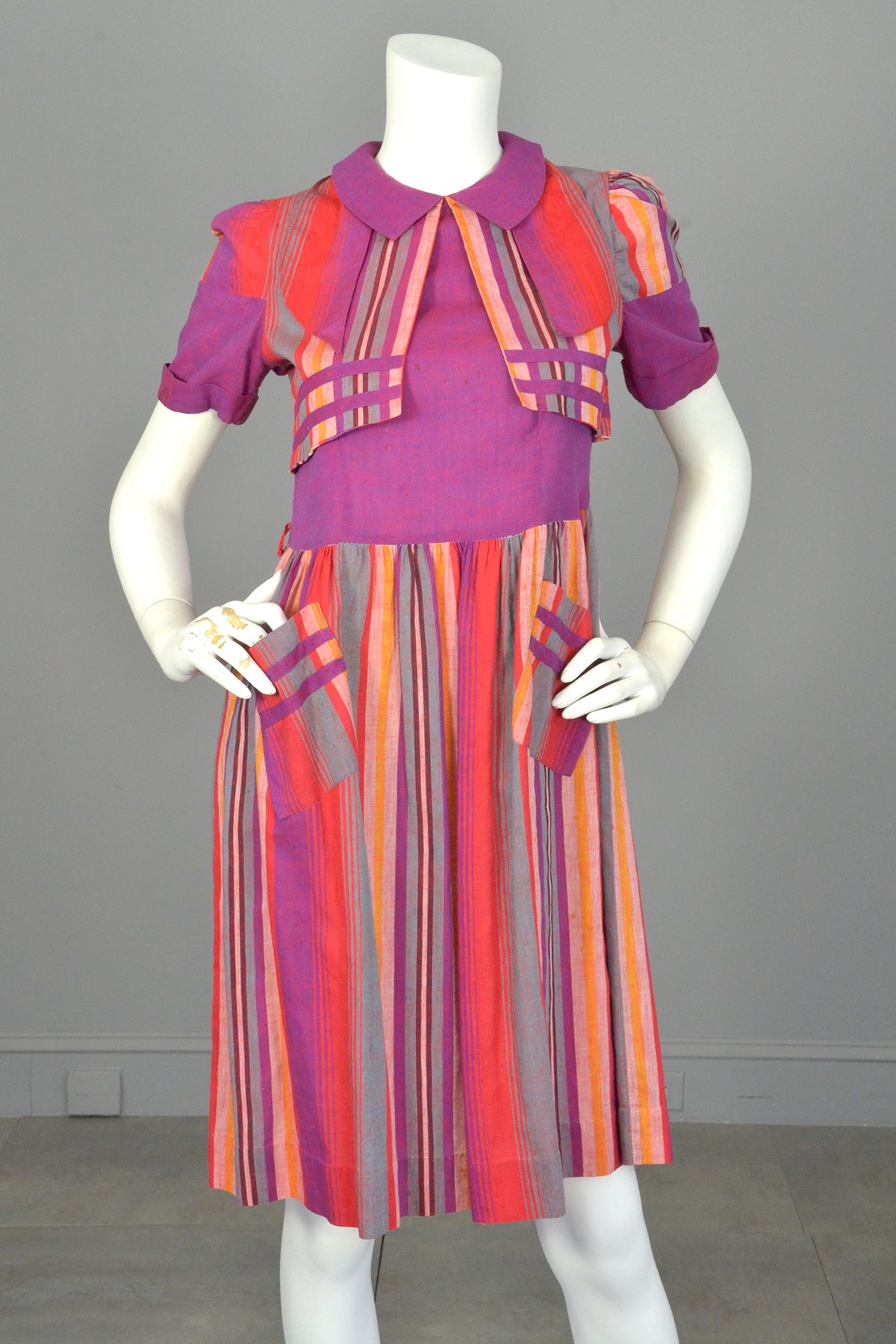 1930s 1940s Purple Red Carnival Striped Dress w Pockets | TLC As-Is 1930s 1940s Purple Red Carnival Striped Dress w Pockets | TLC As-Is