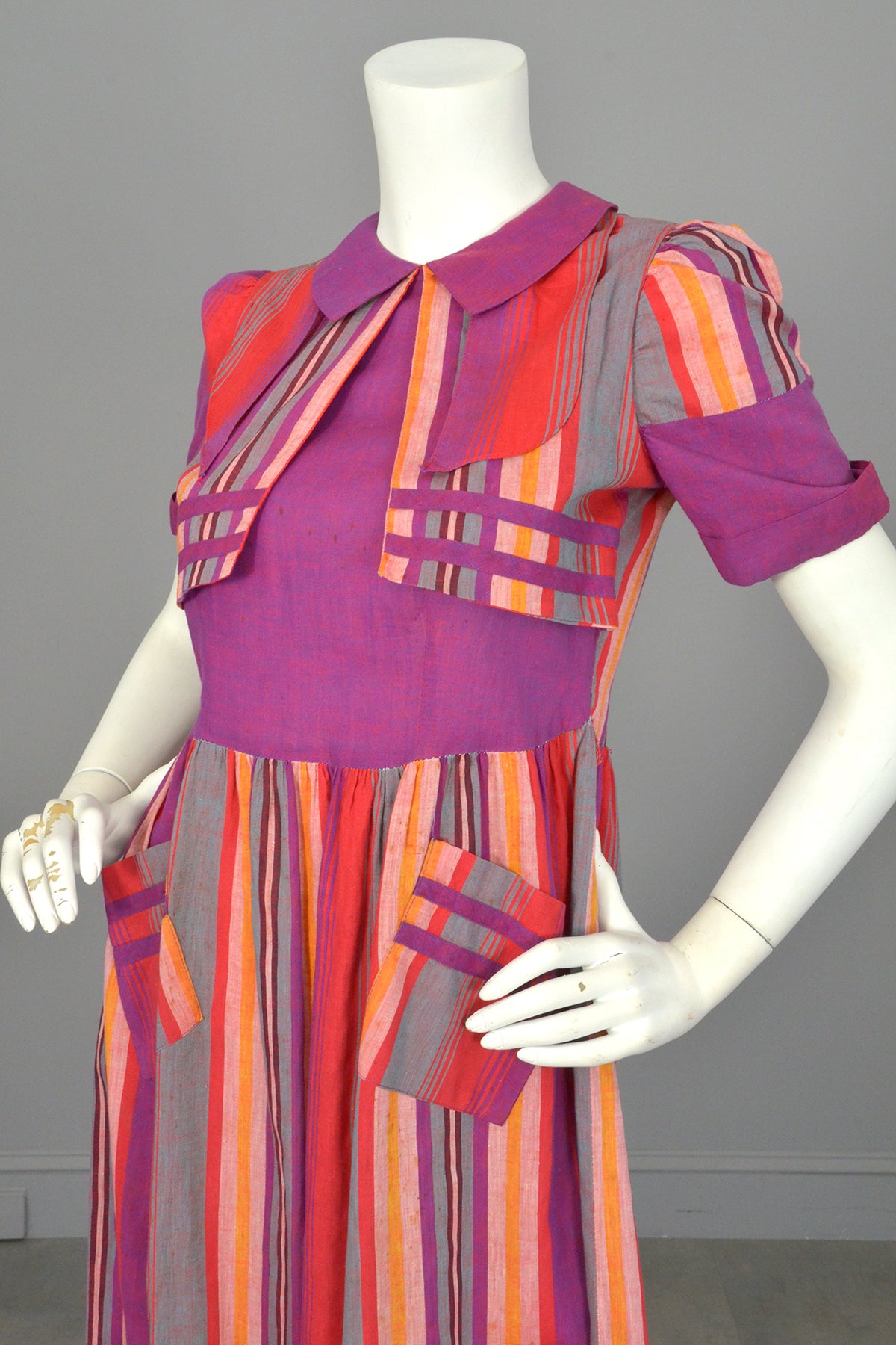 1930s 1940s Purple Red Carnival Striped Dress w Pockets | TLC As-Is | VintageVirtuosa 1930s 1940s Purple Red Carnival Striped Dress w Pockets | TLC As-Is | VintageVirtuosa