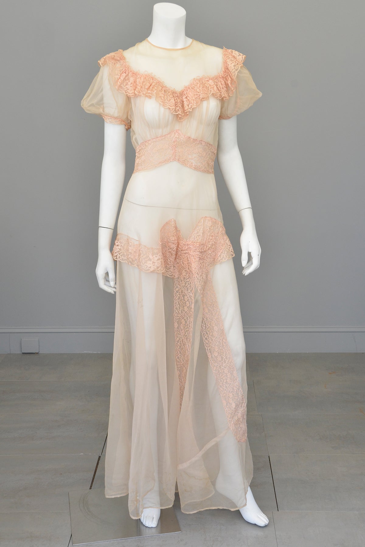 1930s Shell Pink Lace Ruffles Puff Sleeves Gown | Mesh Netting | Restoration or Study