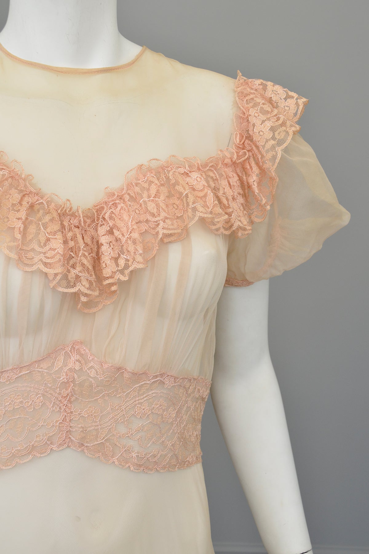 1930s Shell Pink Lace Ruffles Puff Sleeves Gown | Mesh Netting | Restoration or Study