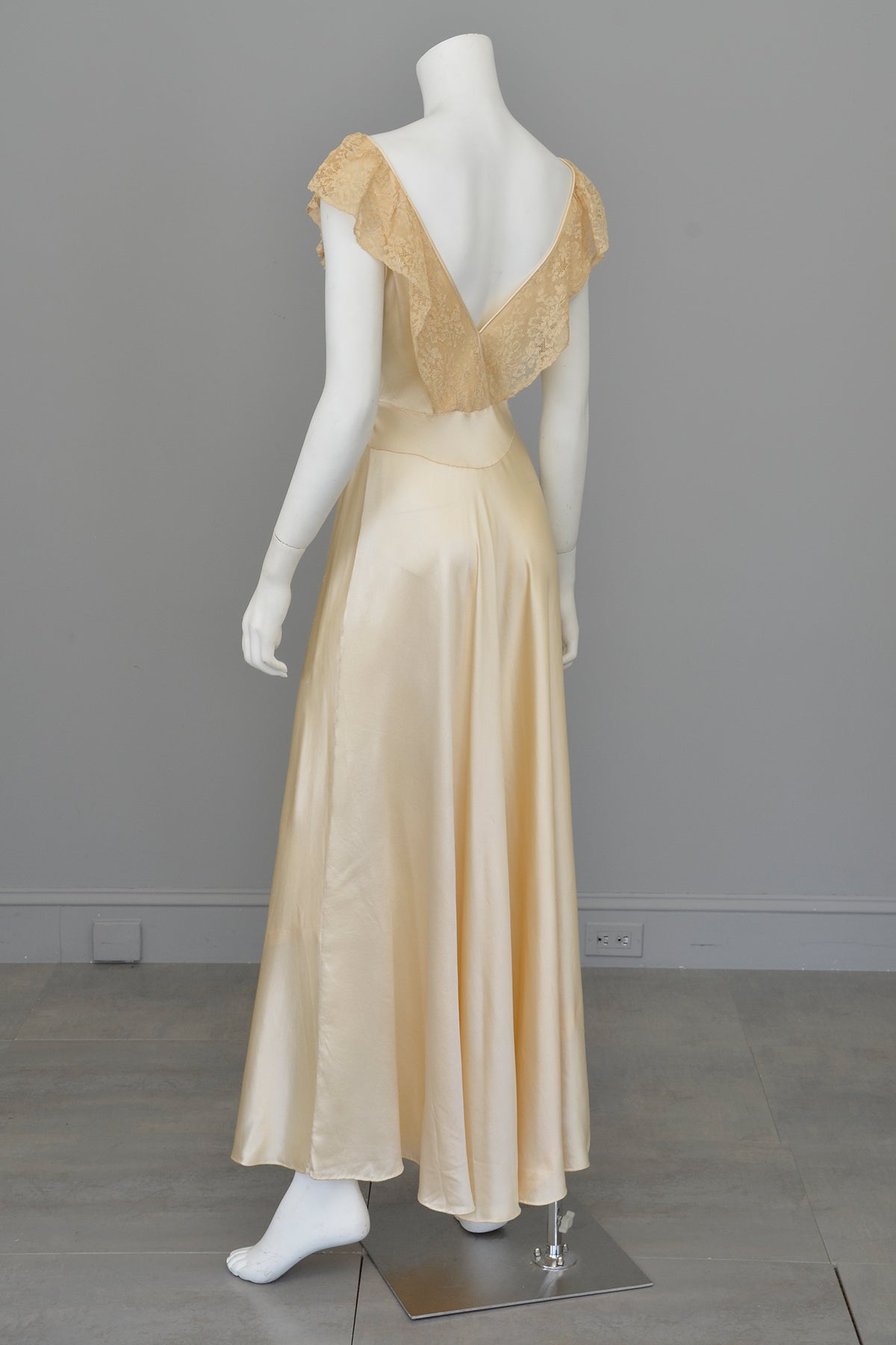1930s Cream Silk Satin Lace Gown | Lace Flounce Negligee Gown Slip Suzie Dress