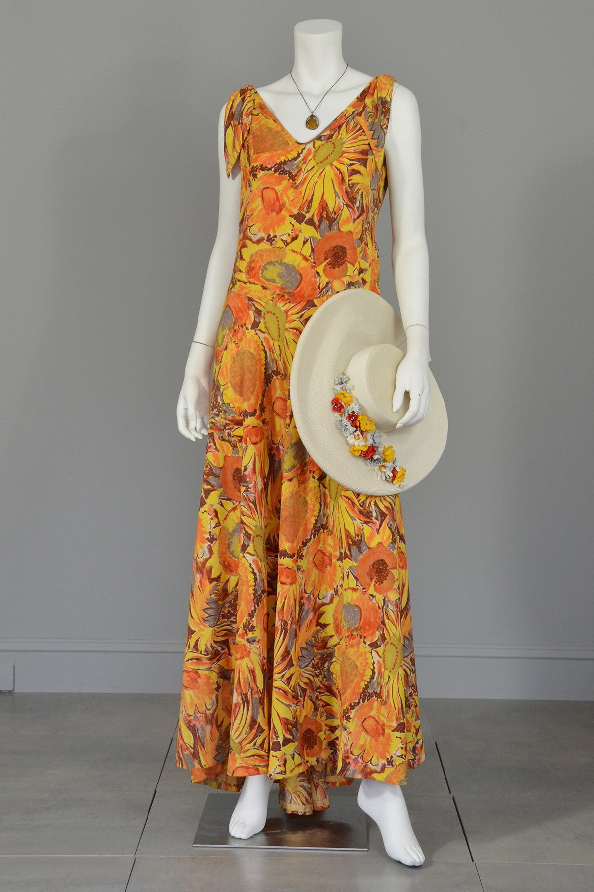 30s Sunflower Print Mermaid High Low Maxi Dress Gown