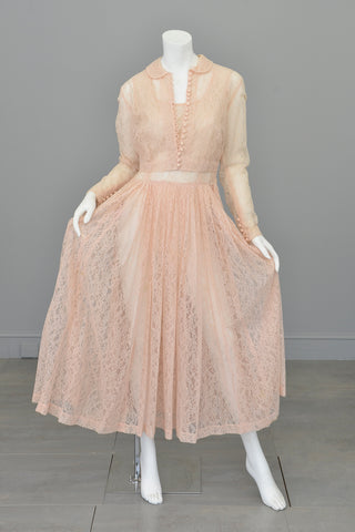 1940s 50s Sheer Light Pink Embroidered Lace Gown