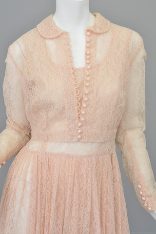 1940s 50s Sheer Light Pink Embroidered Lace Victorian Style Jacket Blouse