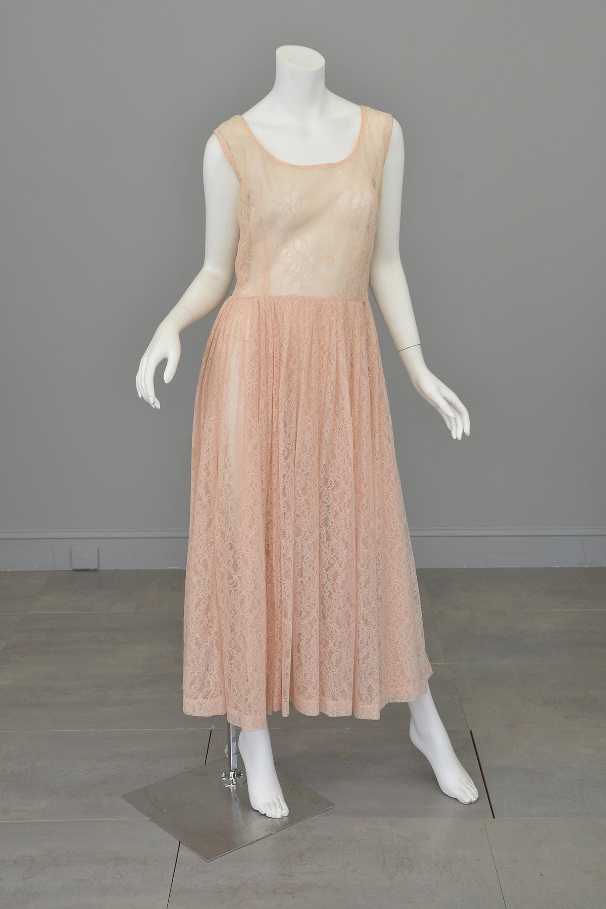 1940s 50s Sheer Light Pink Embroidered Lace Gown | VintageVirtuosa 1940s 50s Sheer Light Pink Embroidered Lace Gown | VintageVirtuosa