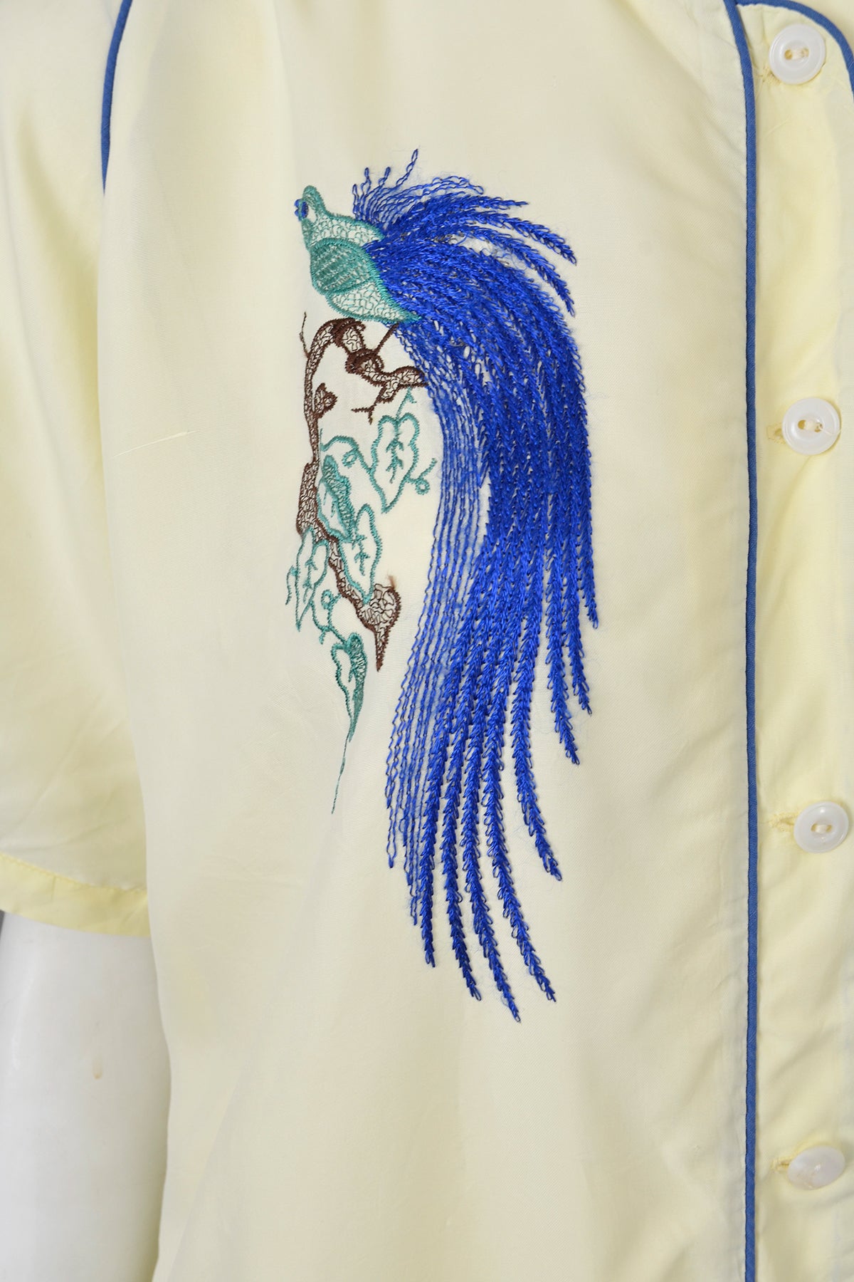 1940s 50s Peacock BIRD Embroidered Lemon Sorbet Pajamas | Unisex Vintage Lounging Pajamas