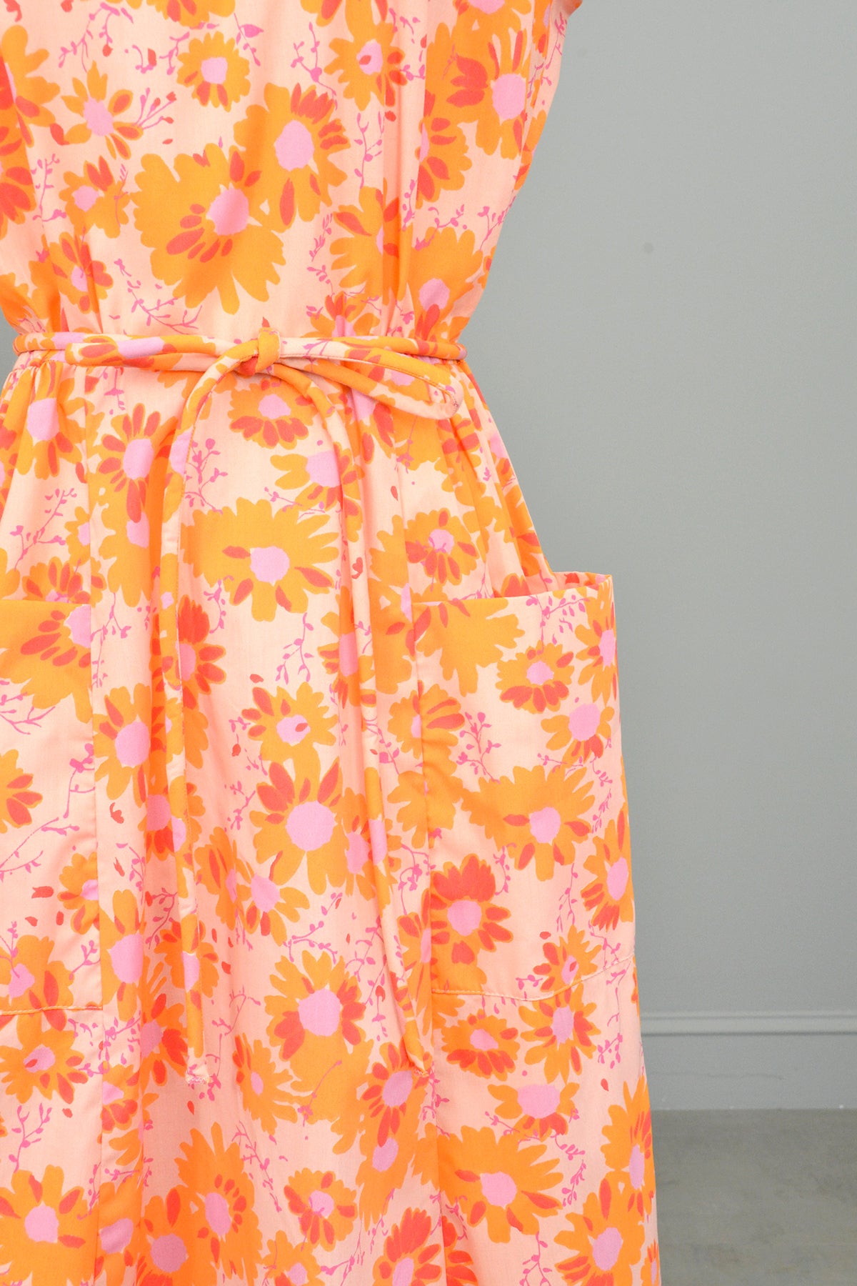 1950s 60s Pink Orange Floral Print Pockets Wrap House Dress