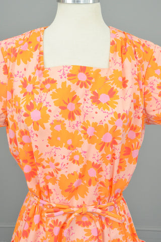 1950s 60s Pink Orange Floral Print Pockets Wrap House Dress