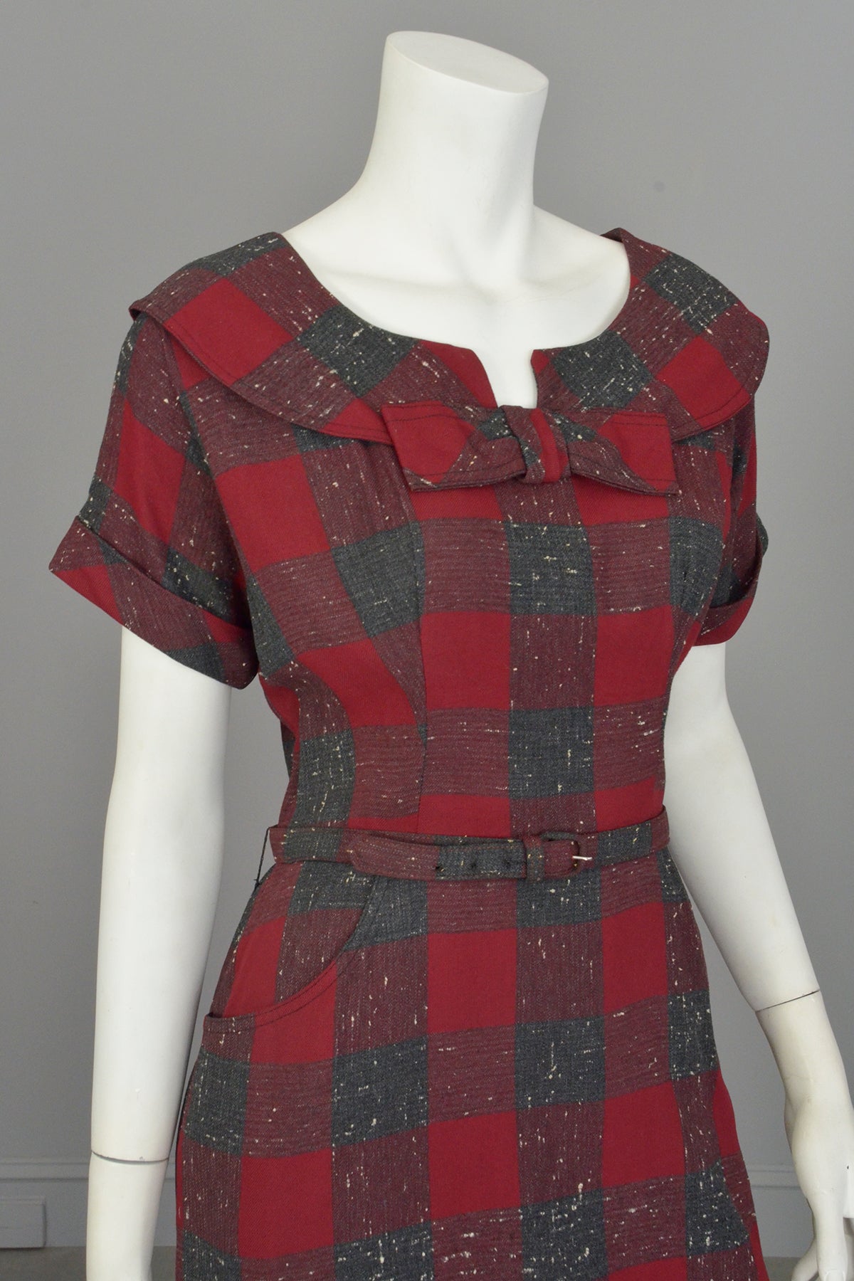 1940s 50s Red Wine Gray Plaid Wiggle Secretary Dress
