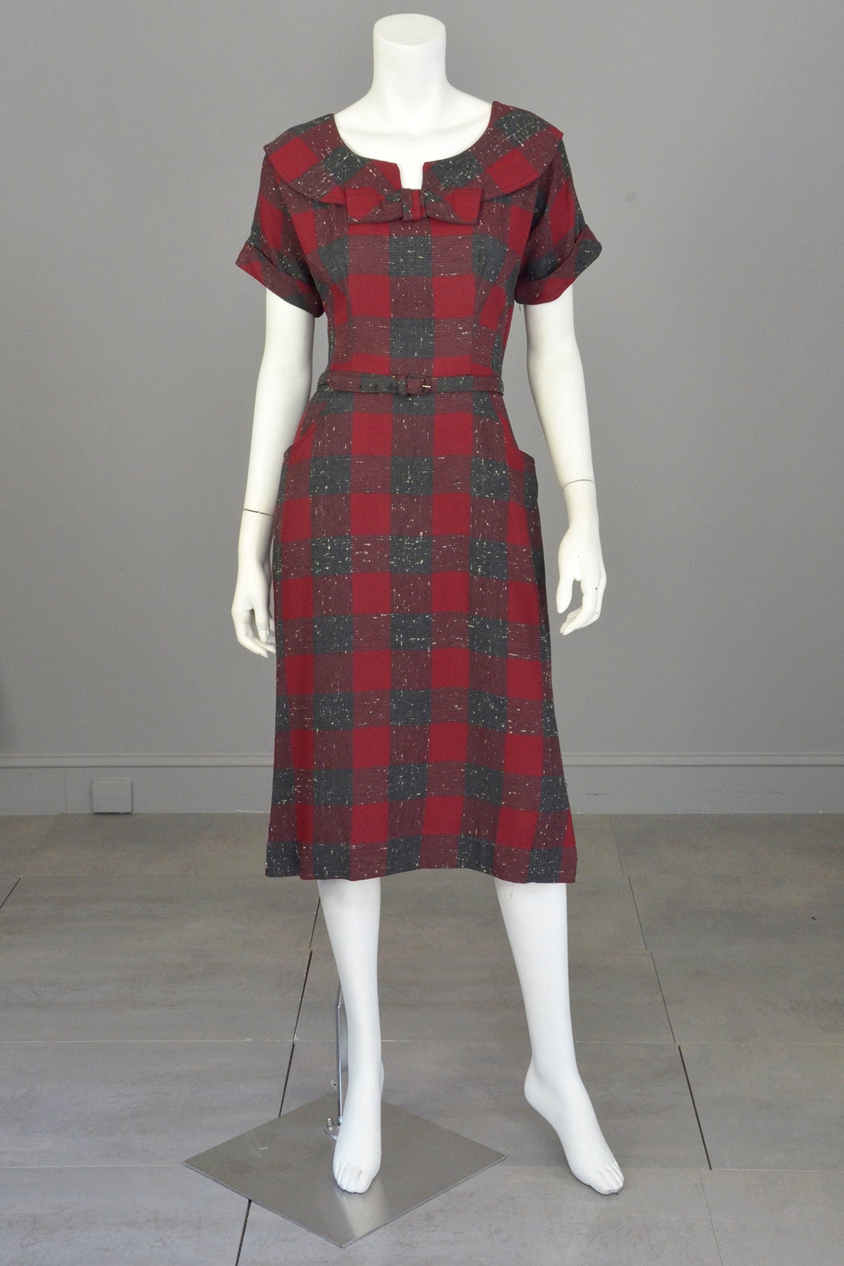 1940s 50s Red Wine Gray Plaid Wiggle Secretary Dress