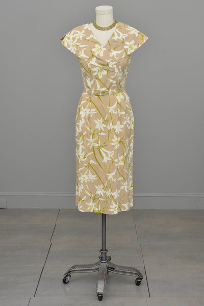 1940s 50s Taupe Novelty Lily Print Wiggle Dress