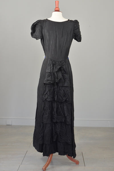 1930s 40s Black Cascading Ruffles Gown / Underslip for Study or Restoration