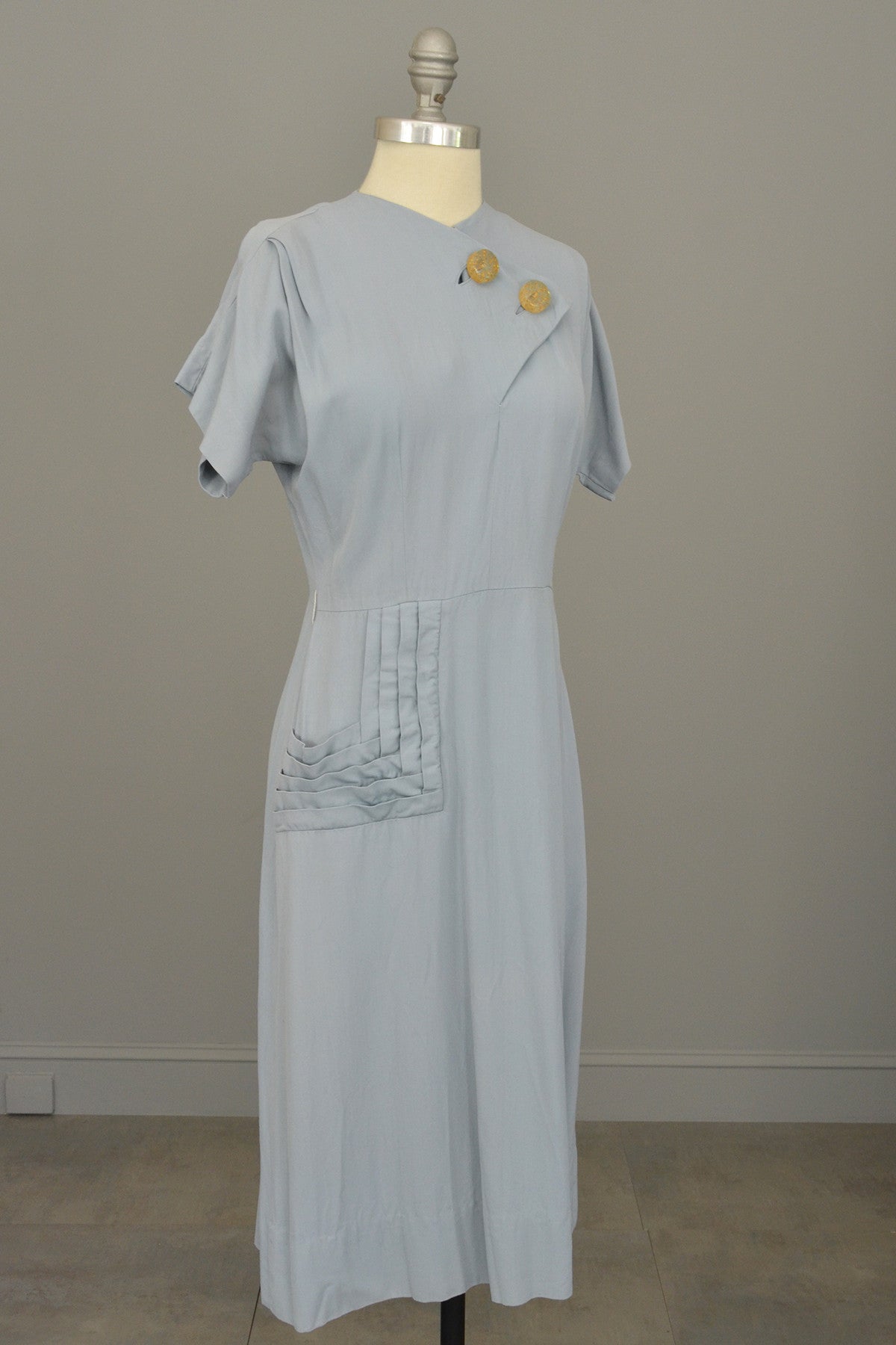 1940s Powder Blue Vintage Dress with Lucite Buttons and Pleated Pocket