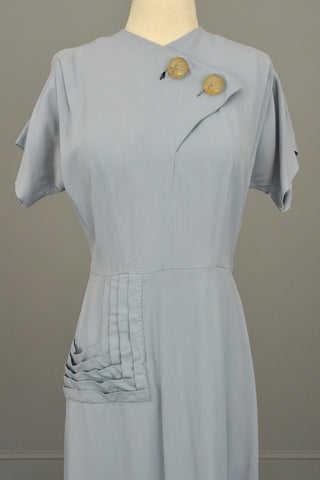1940s Powder Blue Vintage Dress with Lucite Buttons and Pleated Pocket by R & K Originals