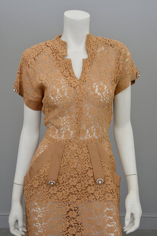 1940s Embroidered Lace Dress | Fawn Color | Rhinestone Buttons