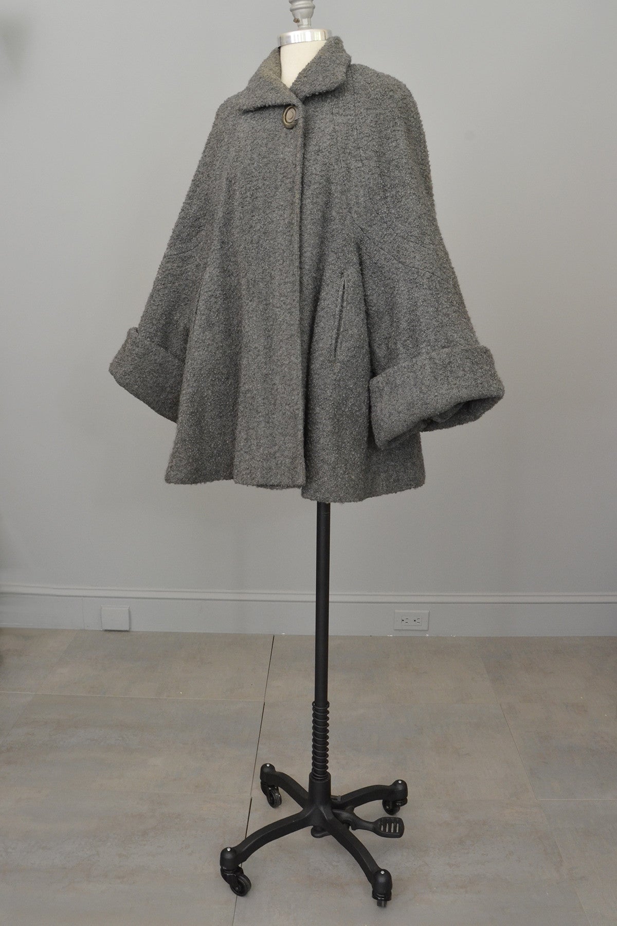 1940s Grey Boucle Swing Coat with Cuffed Bell Sleeves