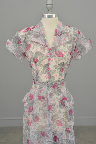 1940s Hot Pink Retro Novelty Print Dress w Pockets + Double Collar ...