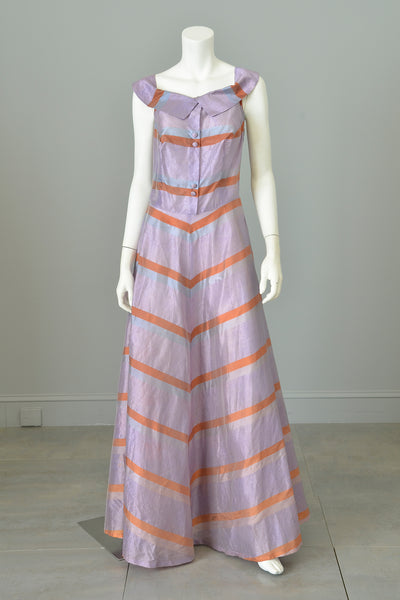 1940s 50s Lilac and Copper Metallic Chevron Jumper Style Gown