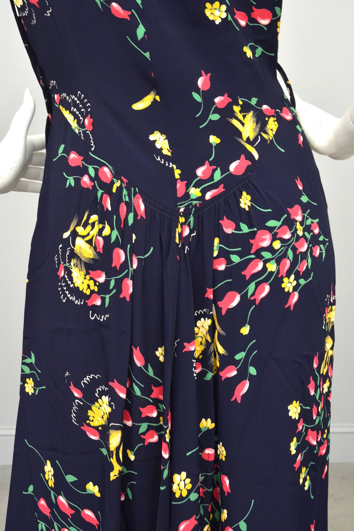 1940s Floral Print Sheer Back Draped Novelty Print Dress