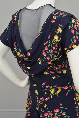1940s Floral Print Sheer Back Draped Novelty Print Dress