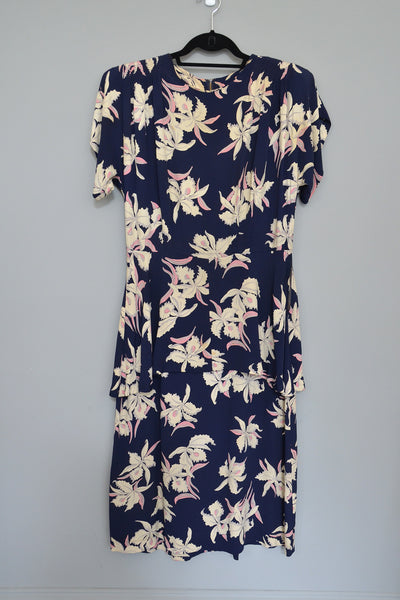 1940s Navy Blue Orchid Print Dress As-Is