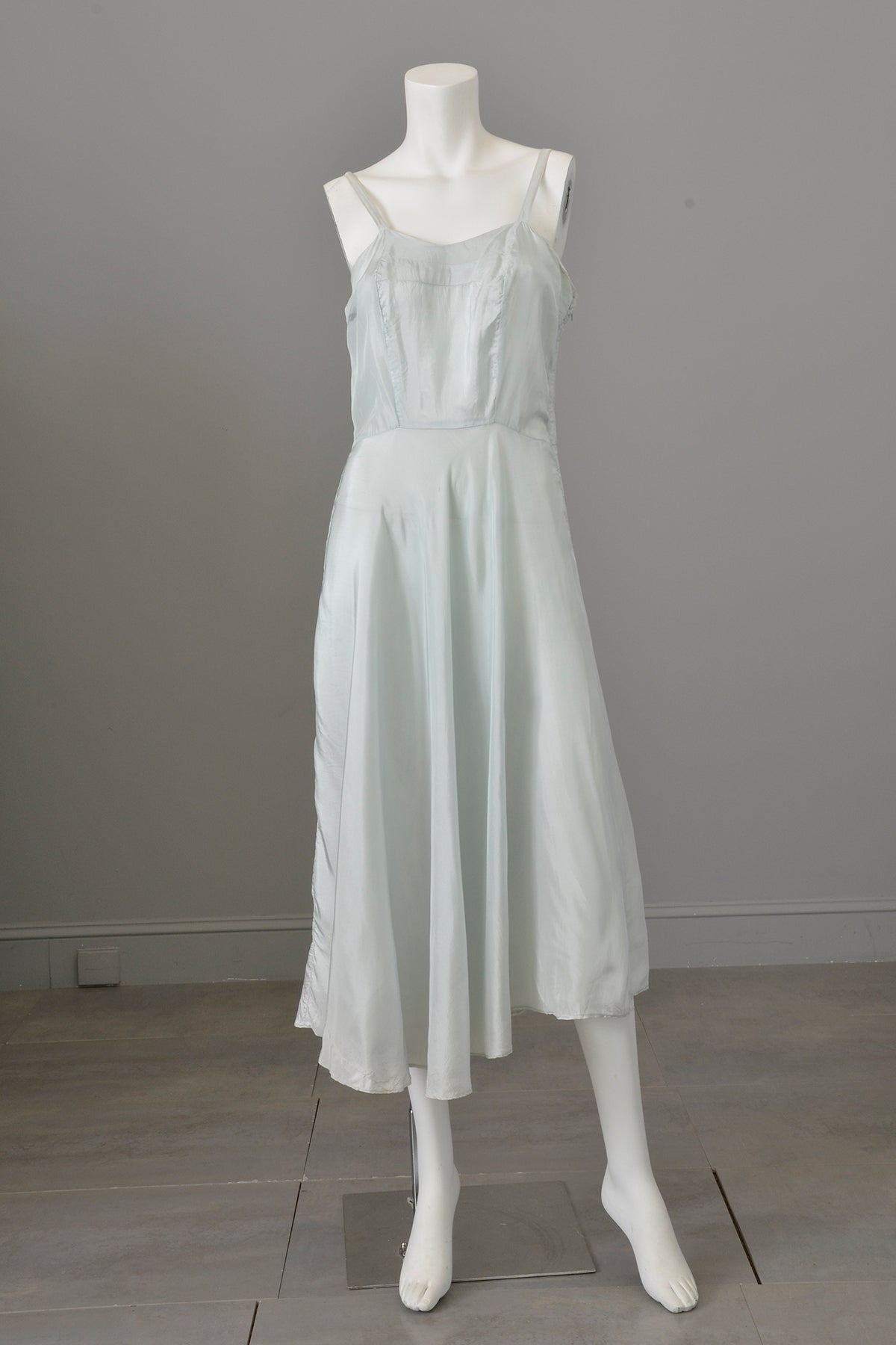 1940s Pale Blue Medallion + Bow Print Puff Sleeve Semi-Sheer Dress and Slip