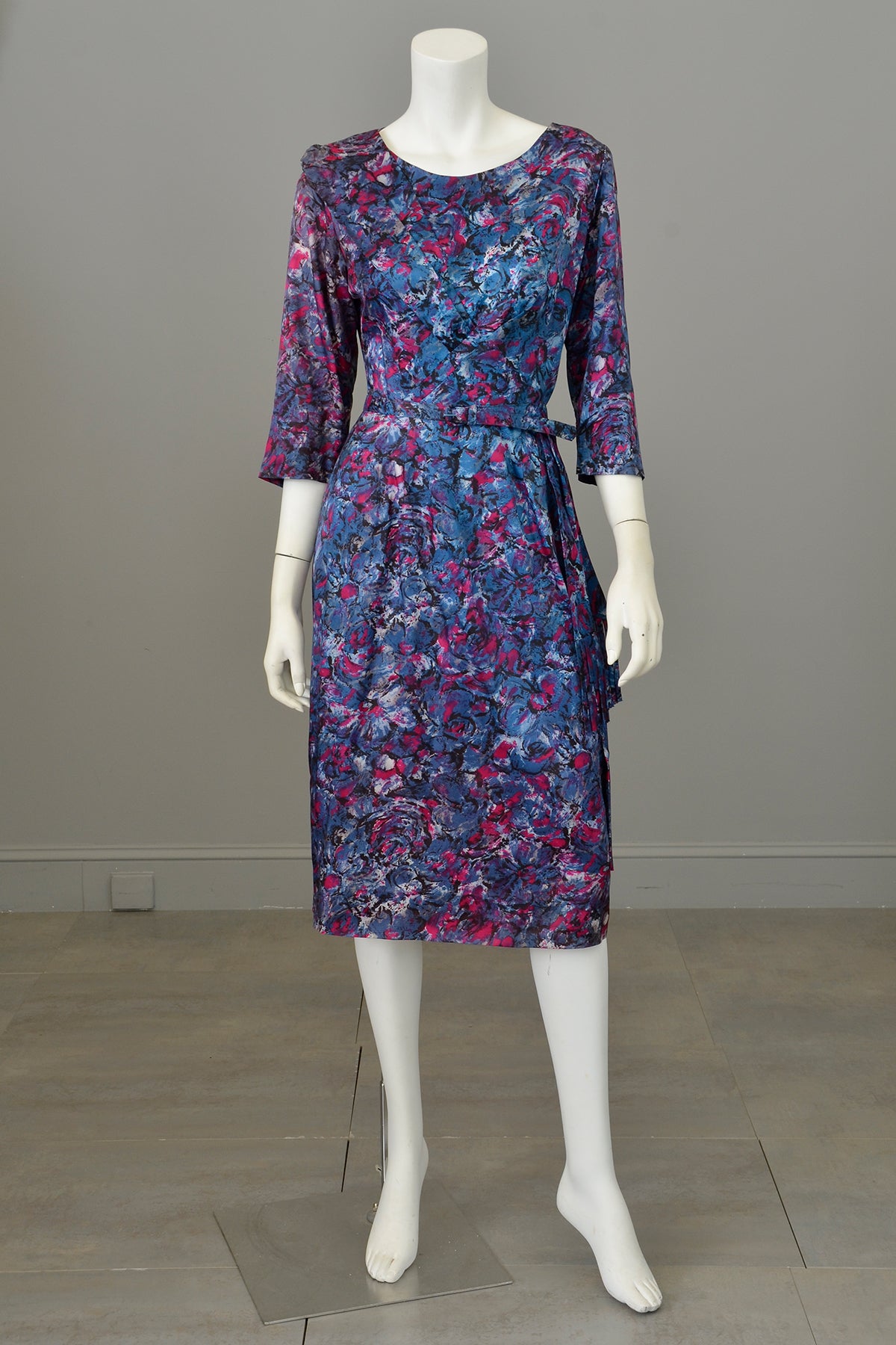 1940s Satin Impressionist Floral Dress with Fringe Sash