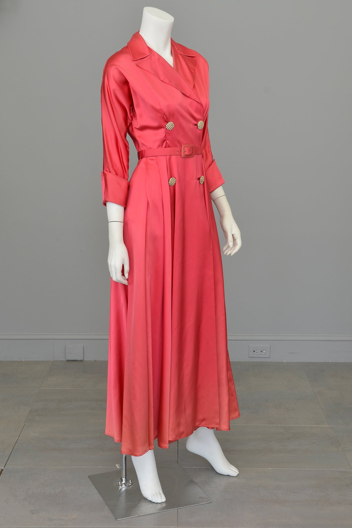 1940s Raspberry Pink Satin Wrap Front Dress House Coat 1940s Raspberry Pink Satin Wrap Front Dress House Coat