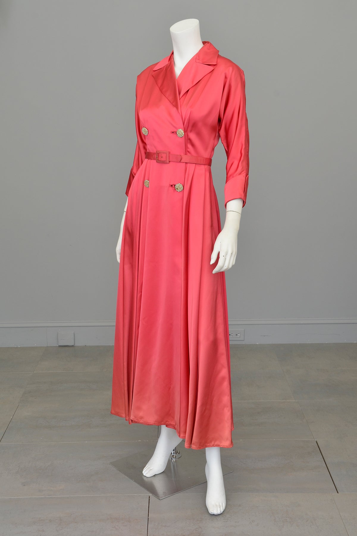 1940s Raspberry Pink Satin Wrap Front Dress House Coat