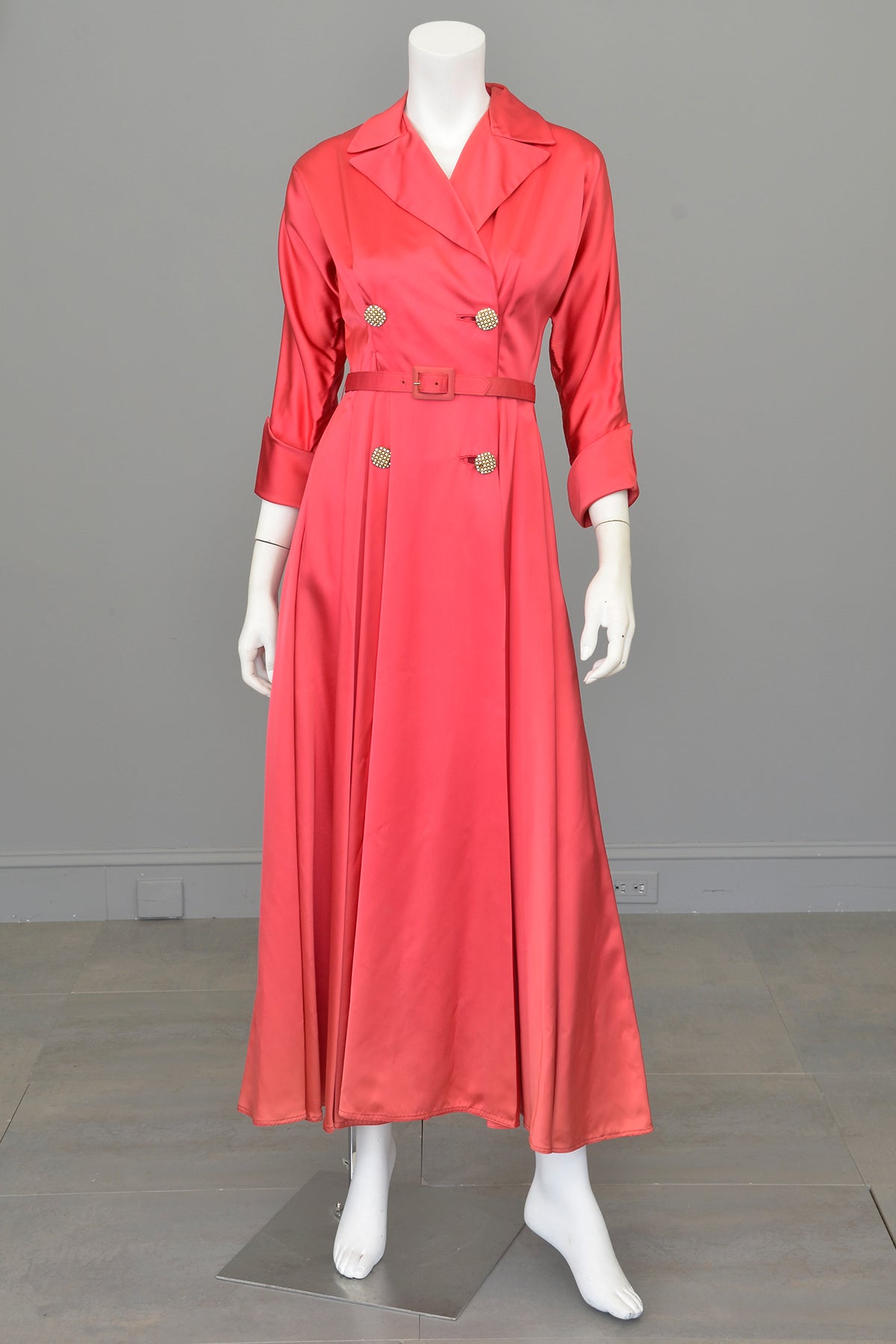 1940s Raspberry Pink Satin Wrap Front Dress House Coat | VintageVirtuosa 1940s Raspberry Pink Satin Wrap Front Dress House Coat | VintageVirtuosa