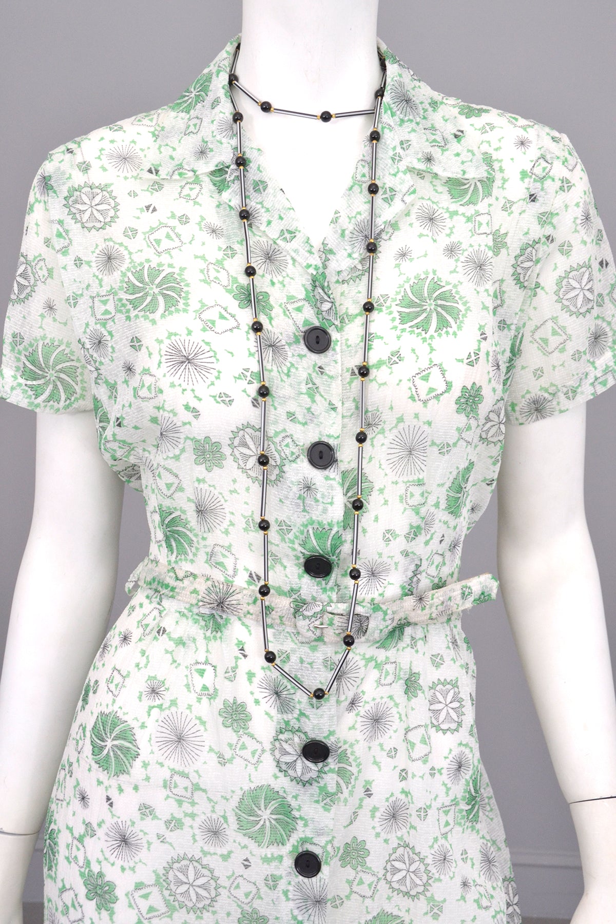 1940s White Sheer 'Seersucker' Spider Web Atomic Print Dress | 1940s Dress