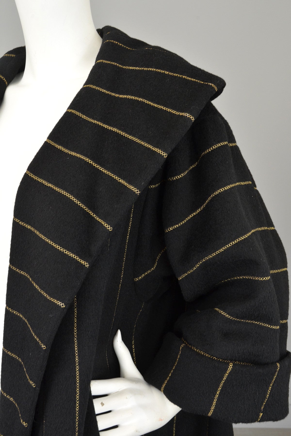 1950s 60s Black Wool Gold Metallic Swing Coat MOD Coat