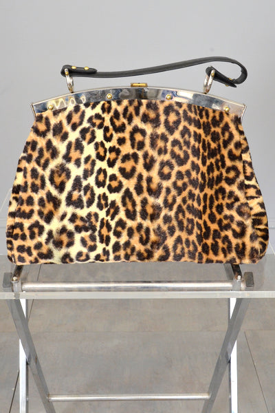 1950s 60s Leopard Print Faux Fur Carpet Bag