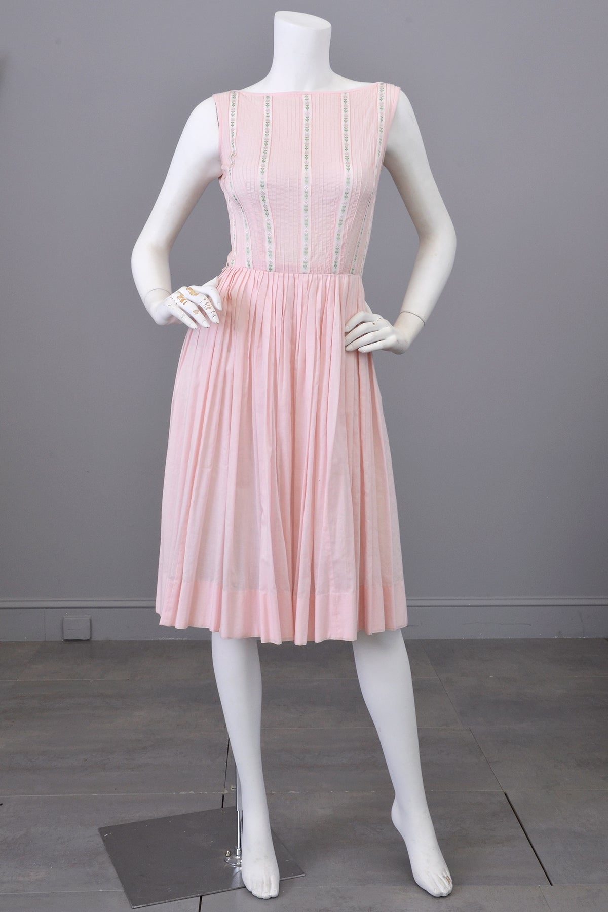 1950s 60s Pale Pink Ribbon Trim Summer Dress | XXS